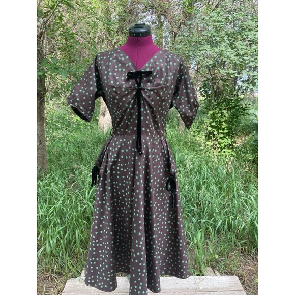 Vintage 1940s Brown Polished Cotton Floral Dress Art Deco - Picture 15 of 16